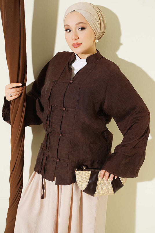 Chemise Marron À Col Montant Et Boutons Brit