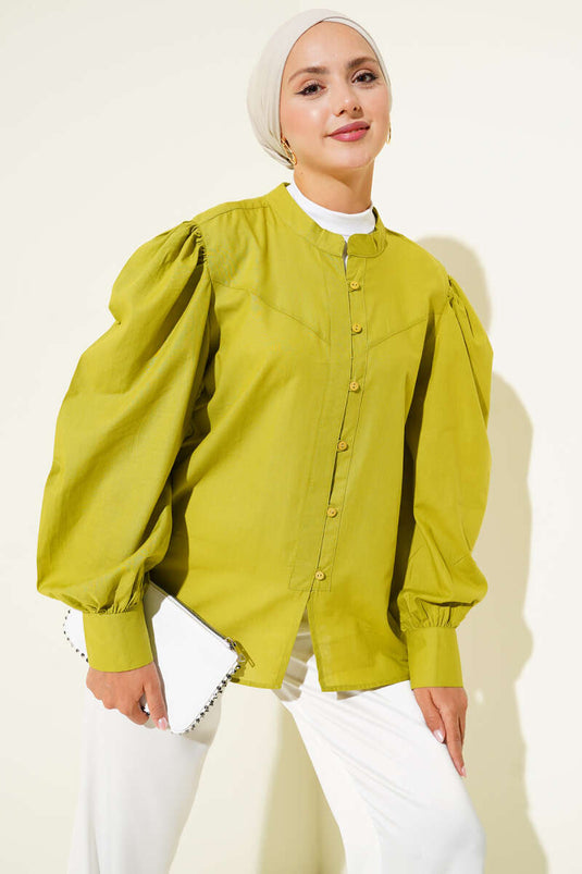 Chemise boutonnée à col grand-père, style britannique, vert pétrole