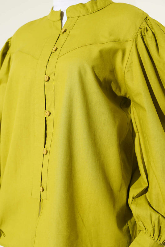 Chemise boutonnée à col grand-père, style britannique, vert pétrole