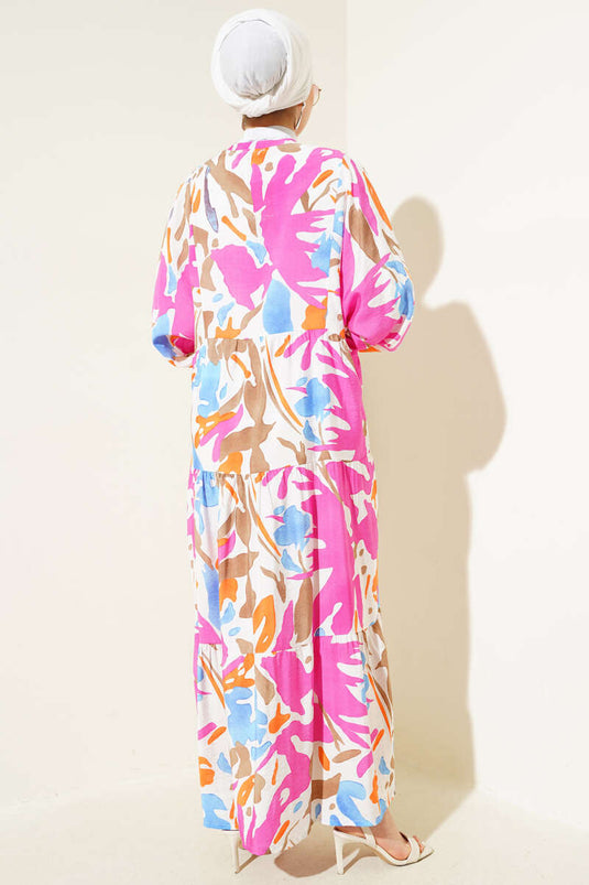 فستان فوشيا متعدد الطبقات منقوش بياقة القاضي