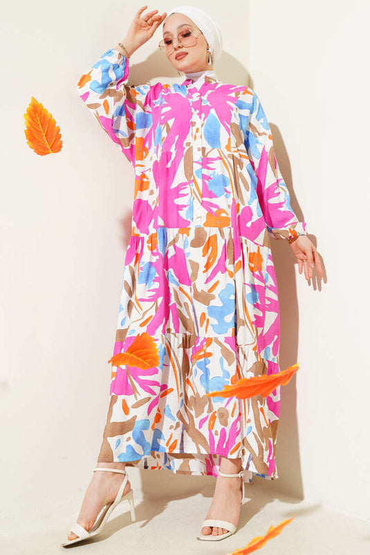 فستان فوشيا متعدد الطبقات منقوش بياقة القاضي