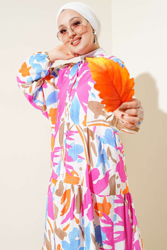 فستان فوشيا متعدد الطبقات منقوش بياقة القاضي