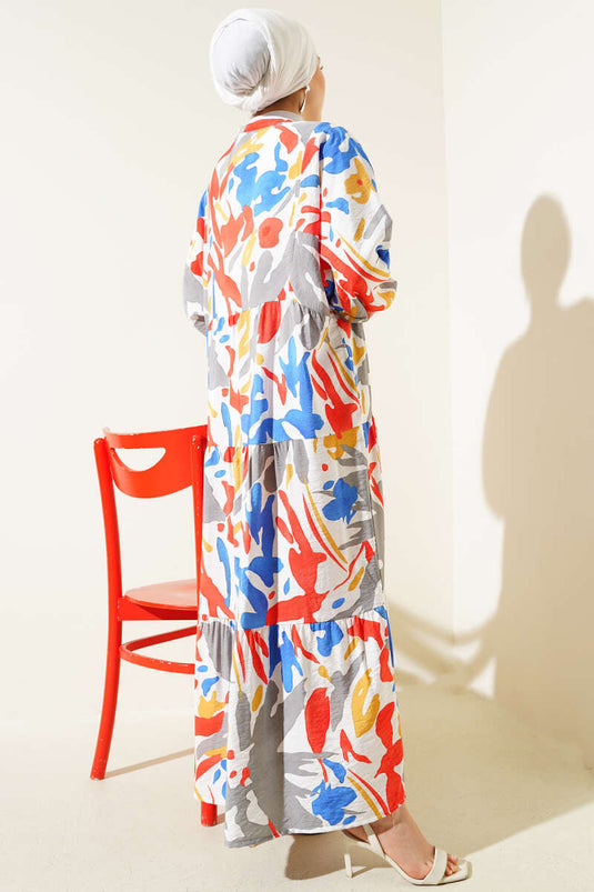 فستان أزرق متعدد الطبقات منقوش بياقة ماندرين