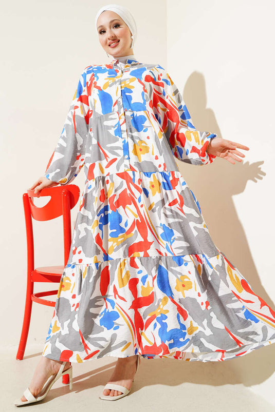 فستان أزرق متعدد الطبقات منقوش بياقة ماندرين