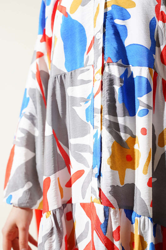 فستان أزرق متعدد الطبقات منقوش بياقة ماندرين