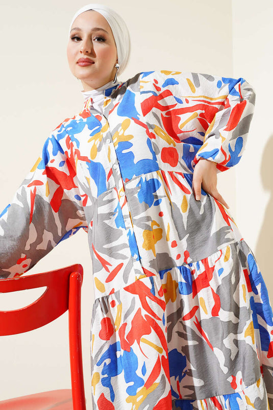 فستان أزرق متعدد الطبقات منقوش بياقة ماندرين