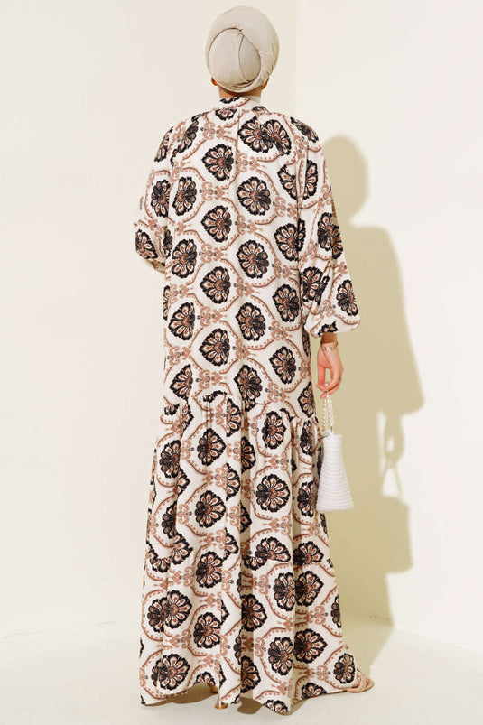 Oversized Dress with Hakim Collar and Pattern in Beige