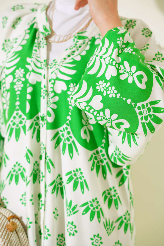 Oversized Dress with Hakim Collar and Pattern in Green