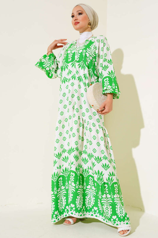 فستان كاجوال منقوش بياقة رائعة باللون الأخضر