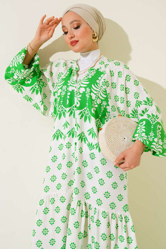 فستان كاجوال منقوش بياقة رائعة باللون الأخضر