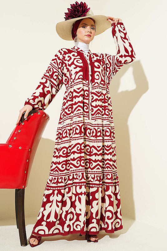 Robe à motifs avec col Hakim et boutons, bordeaux