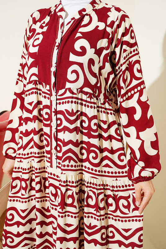 Robe à motifs avec col Hakim et boutons, bordeaux