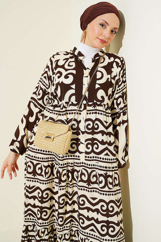 Robe à motifs avec col Hakim et boutons, couleur café