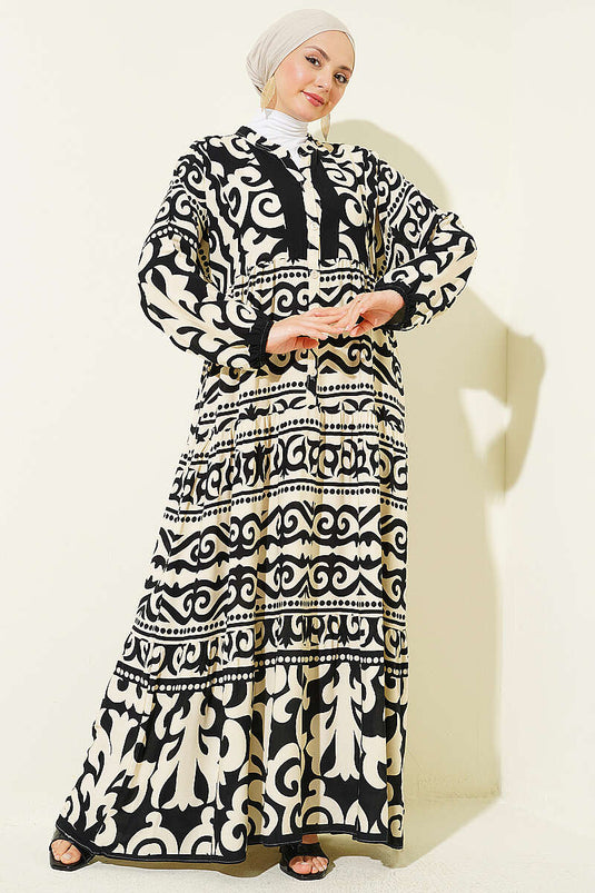 Robe à motifs avec col Hakim et boutons noire