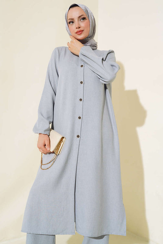 Buttoned Collar Jacket and Pants Set Gray