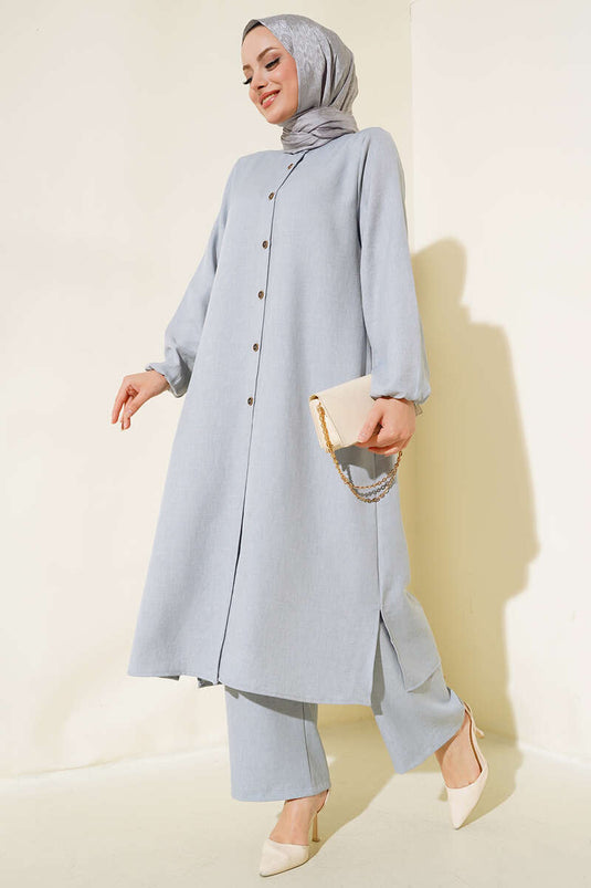 Buttoned Collar Jacket and Pants Set Gray