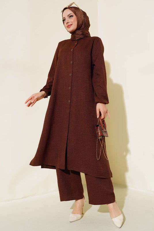 Buttoned Collar Two-Piece Set Chestnut