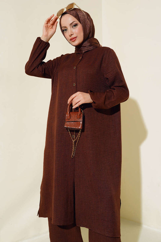 Buttoned Collar Two-Piece Set Chestnut