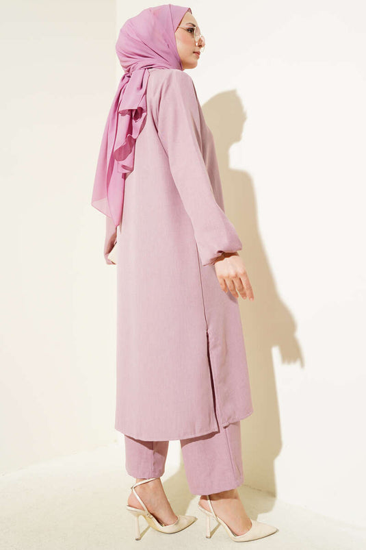 Hakim Yaka Düğmeli İkili Takım Pudra