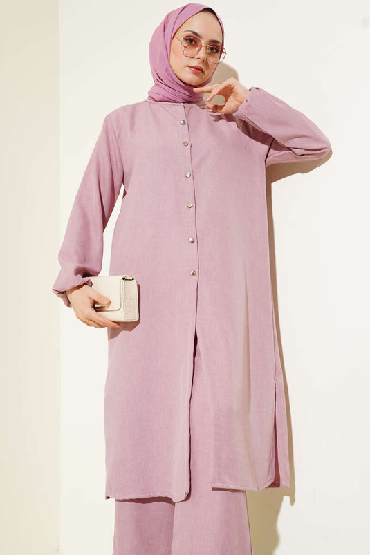 Hakim Yaka Düğmeli İkili Takım Pudra