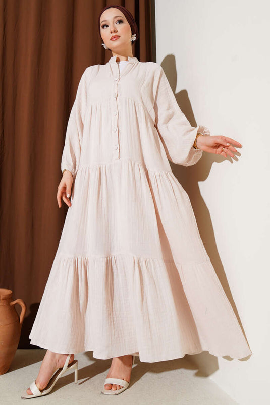 Grandad Collar Buttoned Floor Dress Beige