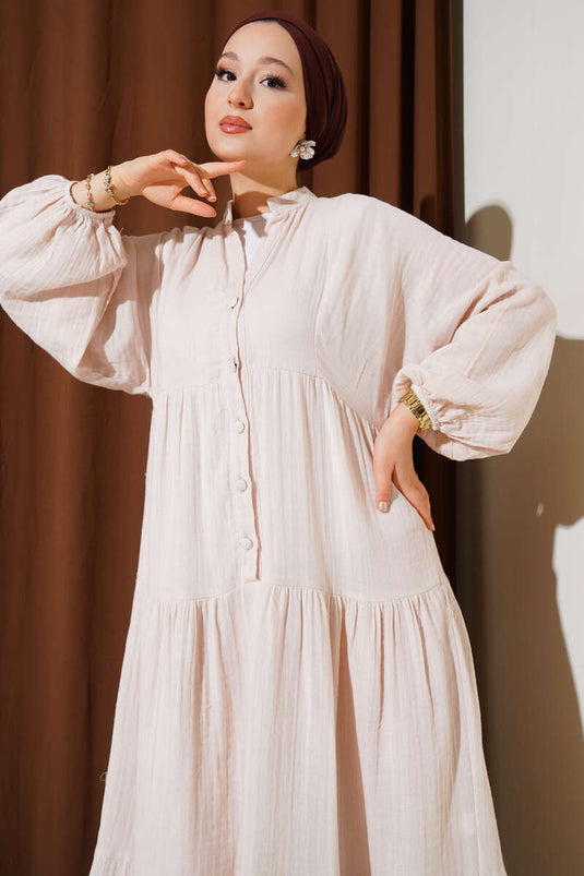 Grandad Collar Buttoned Floor Dress Beige