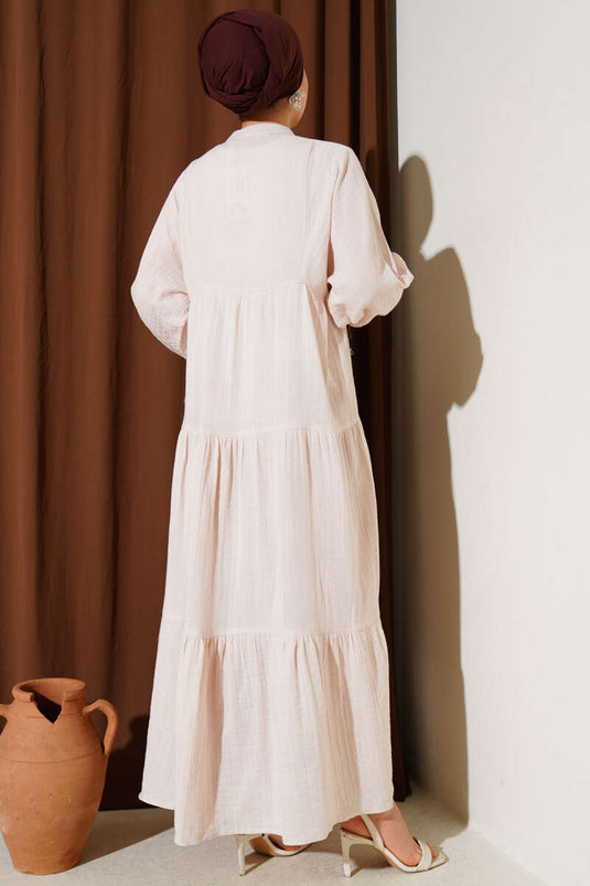 Grandad Collar Buttoned Floor Dress Beige