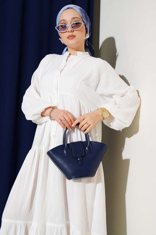 Grandad Collar Buttoned Floor Dress White