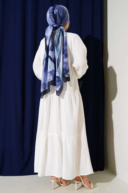 Grandad Collar Buttoned Floor Dress White