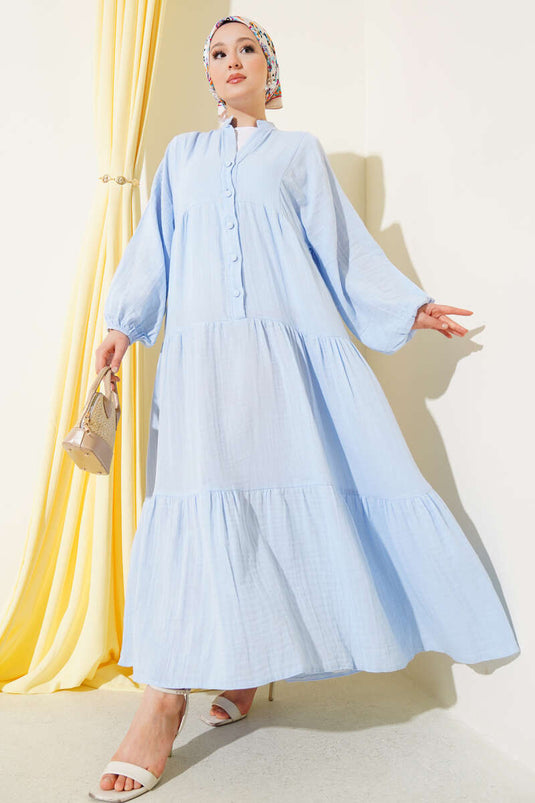 Grandad Collar Buttoned Floor Dress Blue