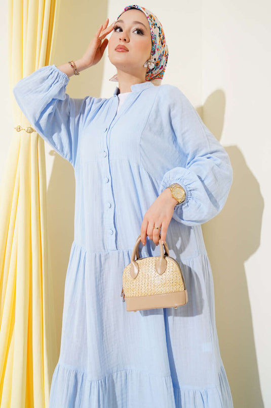 Grandad Collar Buttoned Floor Dress Blue