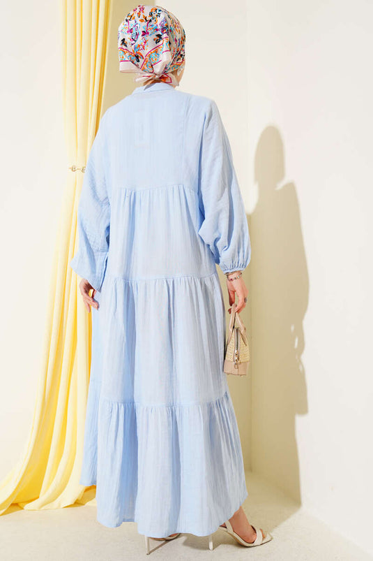 Grandad Collar Buttoned Floor Dress Blue