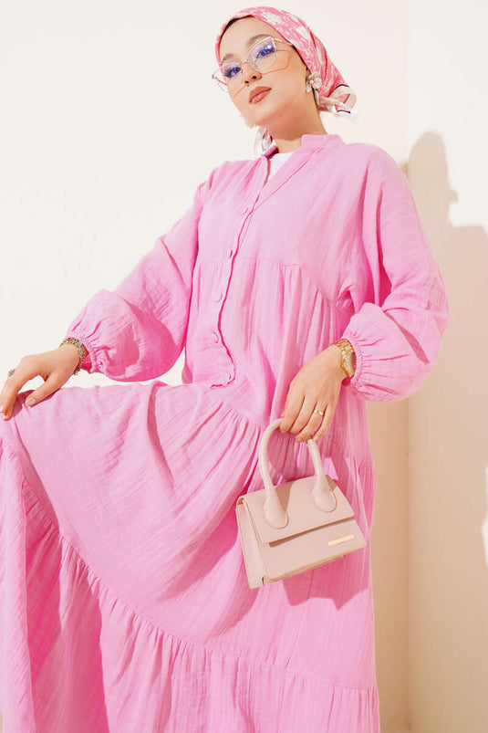 Grandad Collar Buttoned Floor Dress Pink