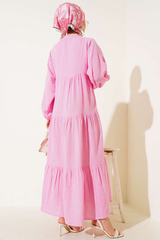 Grandad Collar Buttoned Floor Dress Pink