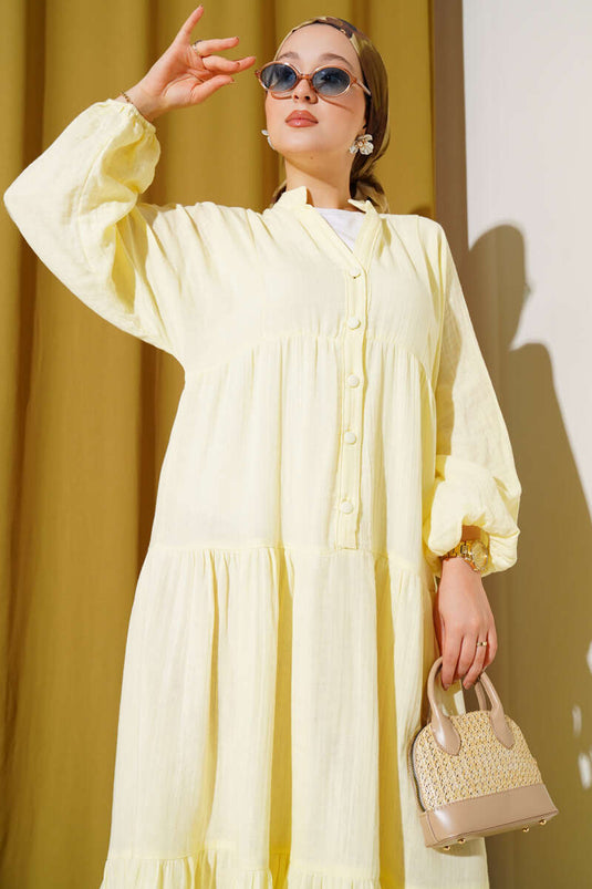 Grandad Collar Buttoned Floor Dress Yellow