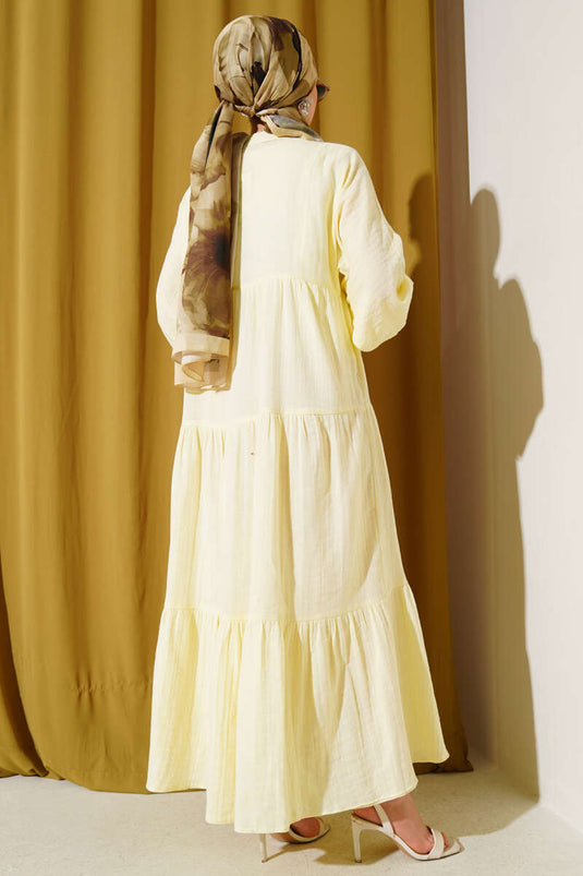 Grandad Collar Buttoned Floor Dress Yellow