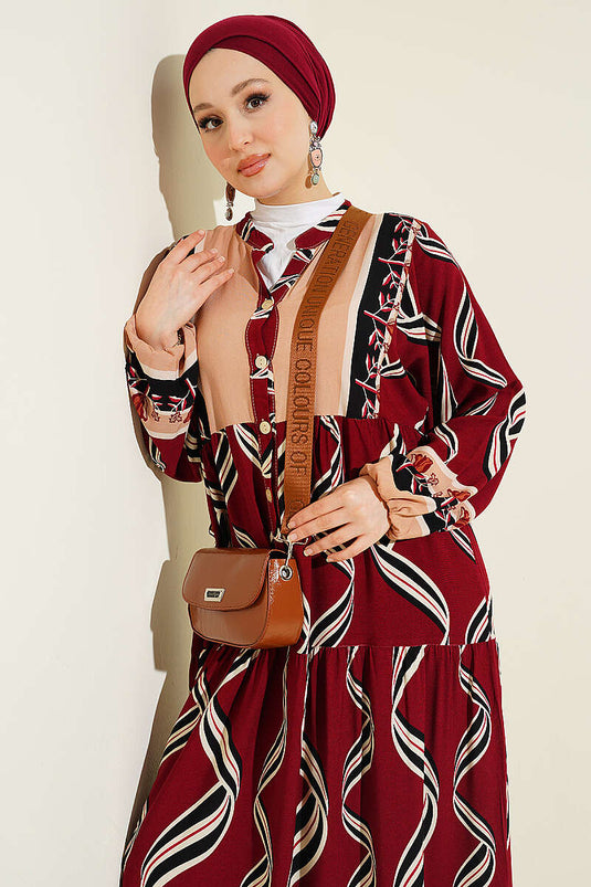 Hakim Collar Buttoned Layered Dress Burgundy
