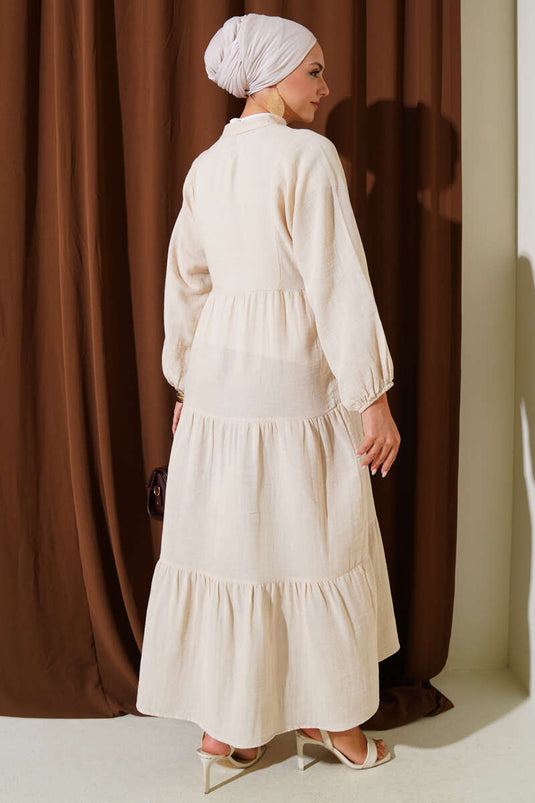 Grandad Collar Buttoned Muslin Dress Beige