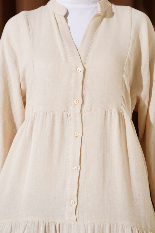 Robe boutonnée en mousseline beige à col grand-père