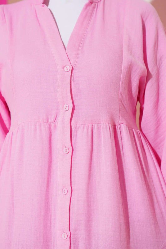 Grandad Collar Buttoned Muslin Dress Pink