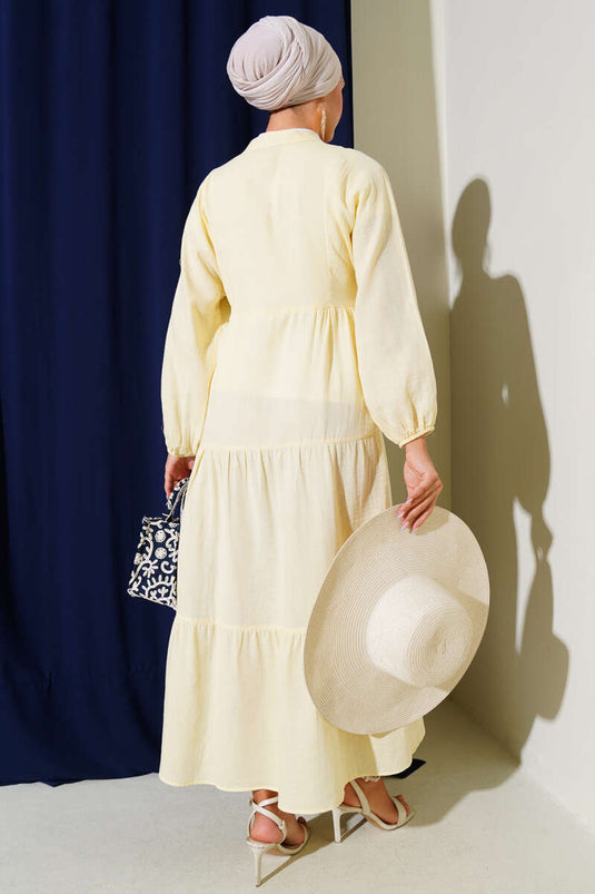 Grandad Collar Buttoned Muslin Dress Yellow