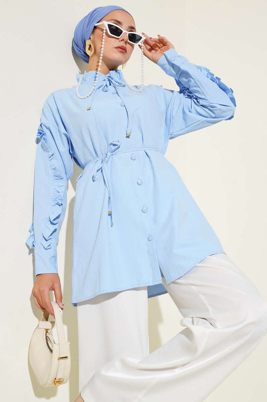 Grandad Collar Ruffled Shirt Blue