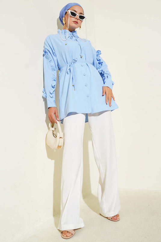 Grandad Collar Ruffled Shirt Blue