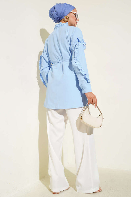 Grandad Collar Ruffled Shirt Blue