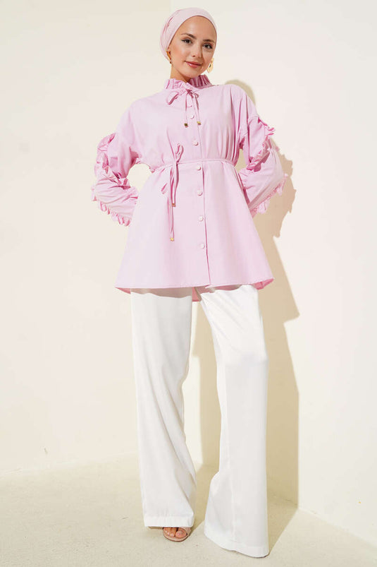 Grandad Collar Ruffle Shirt Pink