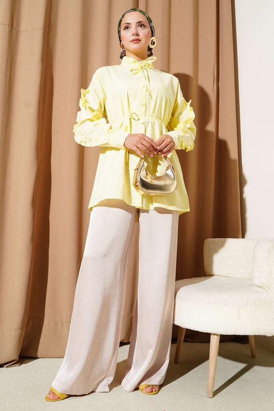 Grandad Collar Ruffle Shirt Yellow