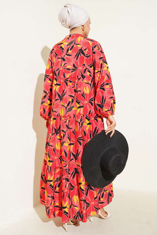 Grandad Collar Floral Patterned Dress Alizarin