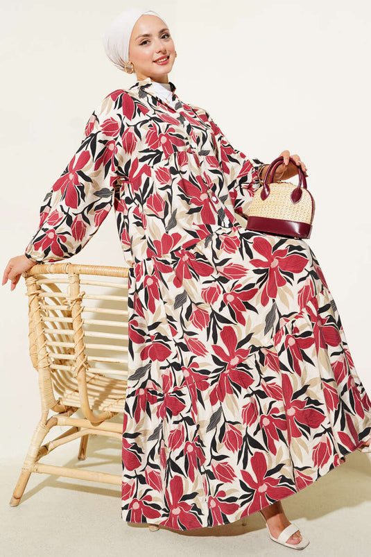 Robe à motifs floraux à col grand-père bordeaux