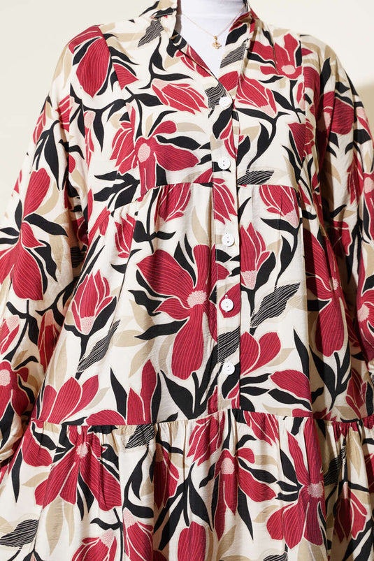 Robe à motifs floraux à col grand-père bordeaux