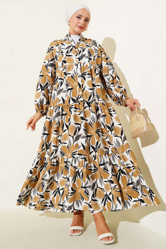 Mandarin Collar Floral Patterned Dress Mustard